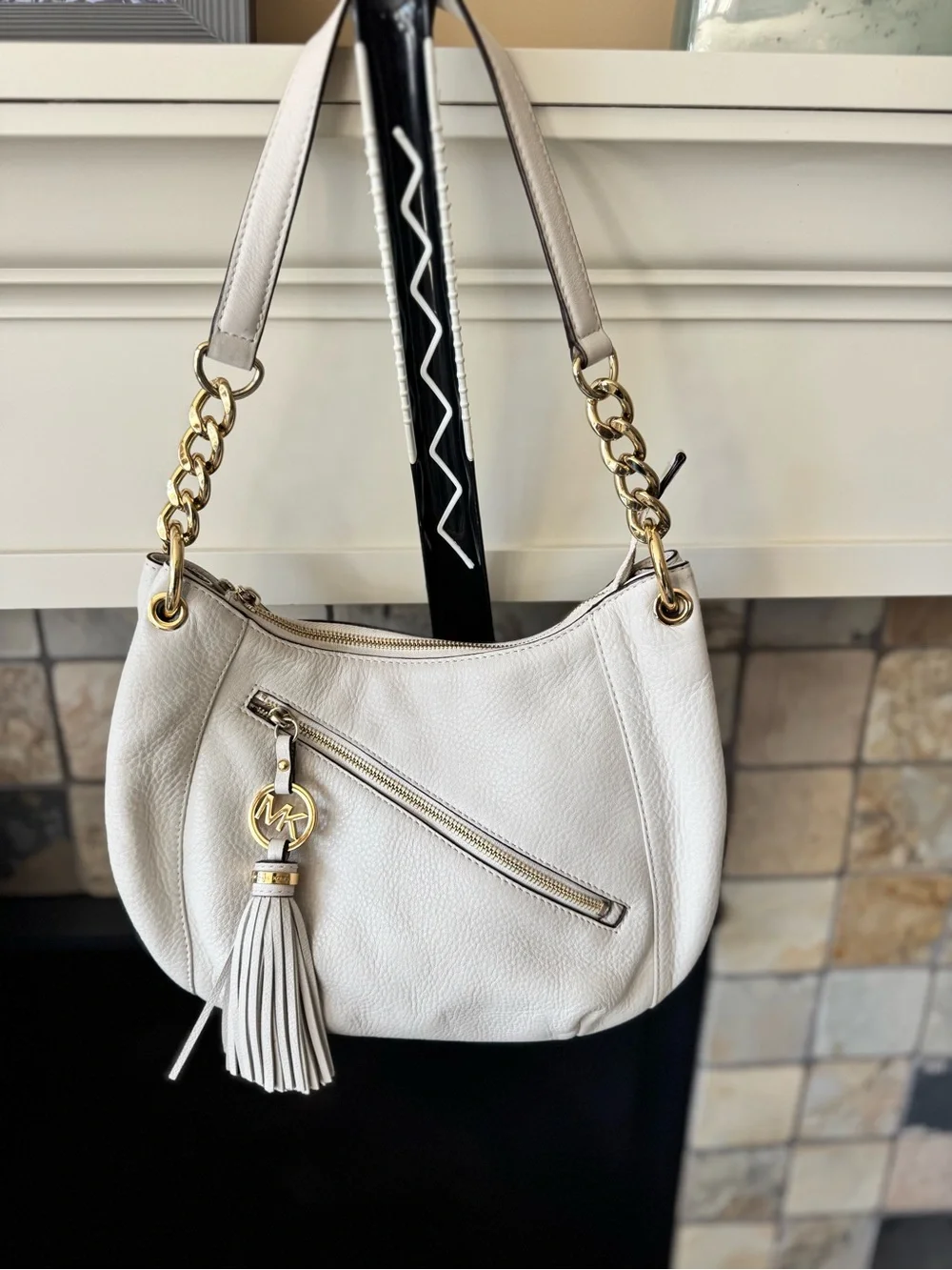 Michael Kors Cream Pebbled Leather Shoulder Hobo with Tassel and Gold Hardware